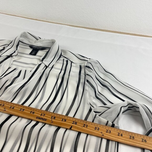 WHBM Women's Black with White Stripe Hi-Low Chiffon Button Front Shirt Sz 14 - Picture 8 of 10
